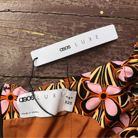 ASOS Luxe Extreme Sleeve Belted Mini Dress Retro Floral Off Shoulder - Picture 4 of 16